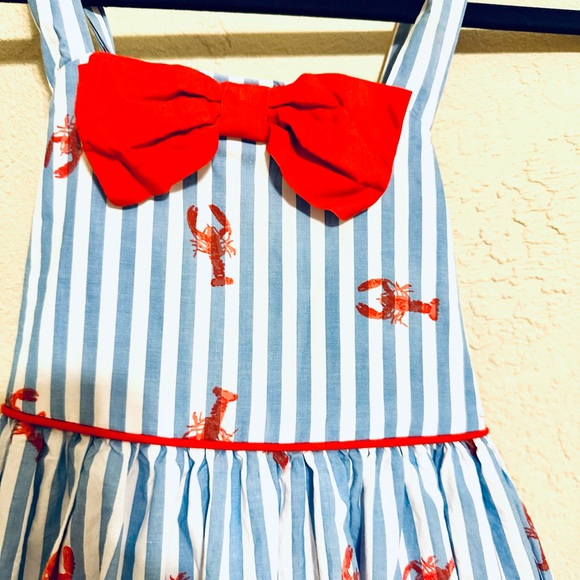 Tommy Bahama Girls Blue and Red Lobster Seersucker Striped Dress size 7 EUC - Picture 2 of 9